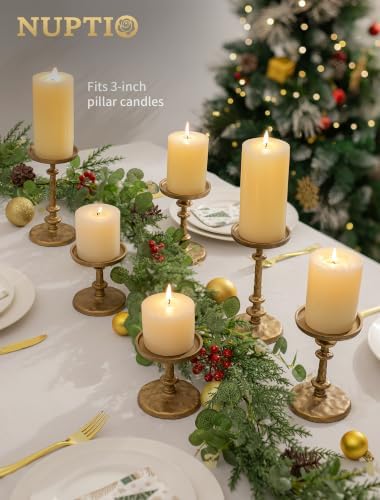 NUPTIO Pillar Candle Holder Gold: Antique Brass Cast Iron Candle Stand - Image 3