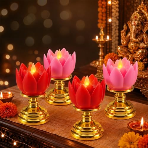 VIHOSE 4 Pcs Diwali Lotus Flower LED Lights, Lotus Candle Holders by VIHOSE