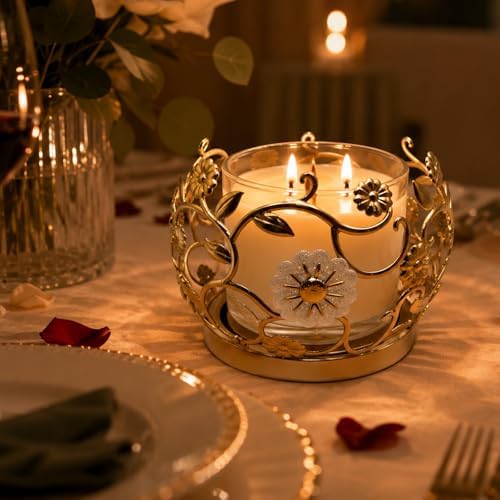 3 Wick Candle Holder, Fits 4 Inch Diameter Jar Candles, 5.75" D × 4.1" H Decorative Candle Stand for Home, Living Room, Bedroom, Office & Gifting (Floral Golden) - Image 5