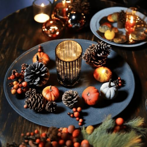 Starry Night Elegant Hurricane Candleholders with LED Flickering Lights & Remote Timer, Decorative Glass Hurricanes for Indoor Table Centerpieces & Year-Round Home Decor, Set of 3 (Black) - Image 5