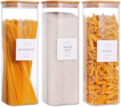 CZZGSM 3 Pack Square Kitchen Storage Jars with Airtight Bamboo Lids and 132 Pantry Labels - 80oz Glass Canisters with Wood Lids - Food Storage Containers for Spaghetti, Pasta, Fettuccine by CZZGSM