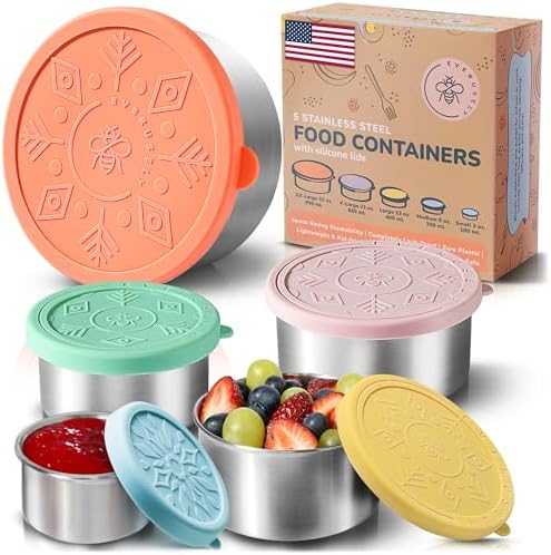 Microwavable Stainless Steel Food Containers, Lunch Boxes, Set of 5, Bright by Everusely