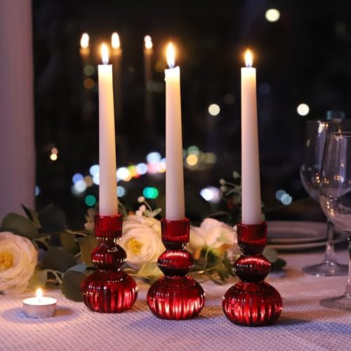 Woho 3pcs Red Taper Candle Holders Glass, Candlestick Holders for Christmas - Image 3
