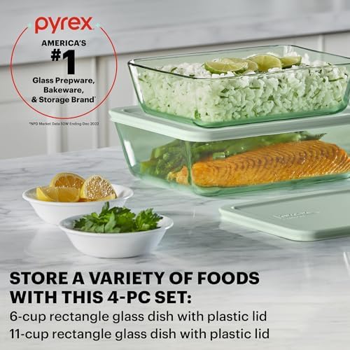 Pyrex Colors Tinted (4-PC) Large Rectangular Food Storage Container Set, Snug Fit Non-Toxic Plastic BPA-Free Lids, Freezer Dishwasher Microwave Safe, 6 Cup & 11 Cup - Image 2