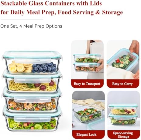 GEHE 4 Pack 52oz Glass Food Storage Containers with Lids, Large Glass Storage Containers with Airtight Lids, Meal Prep Container for Storing & Serving, Leak Proof, BPA Free, Microwave/Oven Safe - Image 6