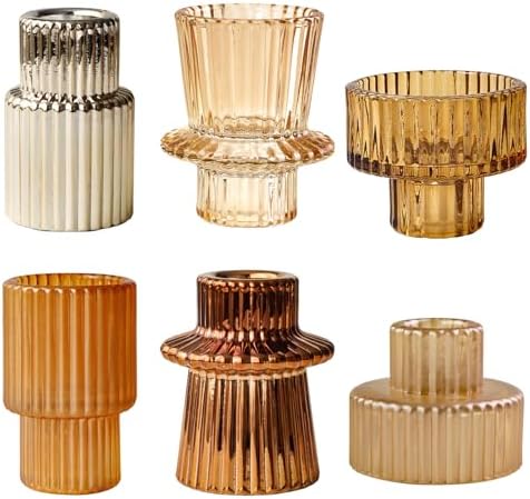 Gold Candlestick Holders 6PCS for Tealight Candle Stick Candles, Ribbed Glass Taper Candle Holders Set Table Centerpieces for Thanksgiving Christmas Farmhouse Decor Indoor and Outdoor by Unknown