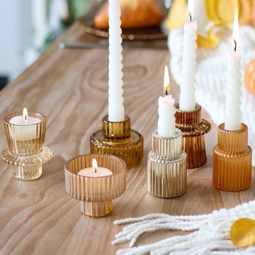 Gold Candlestick Holders 6PCS for Tealight Candle Stick Candles, Ribbed Glass Taper Candle Holders Set Table Centerpieces for Thanksgiving Christmas Farmhouse Decor Indoor and Outdoor - Image 2
