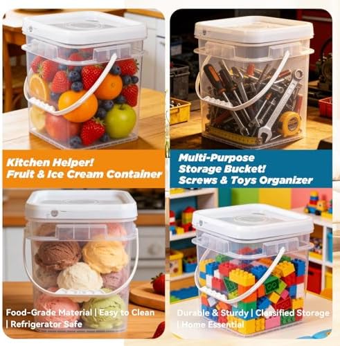 Food Storage Buckets with Lids - 4 Set Square Clear Plastic Containers, Airtight Pressure Seal & Handle for Kitchen Freezer Prep (Clear, 1.3 gal) - Image 3