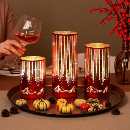 Starry Night Elegant Hurricane Candleholders with LED Flickering Lights & Remote Timer, Decorative Glass Hurricanes for Indoor Table Centerpieces & Year-Round Home Decor, Set of 3 (Red) - Image 4