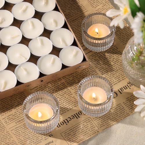 NITIME 30Pcs Clear Tealight Candle Holder with 32pcs Tea Light Candles, Ribbed Votive Candle Holders Glass for Table Centerpiece, Wedding Decor, Home and Holiday Decor - Image 4