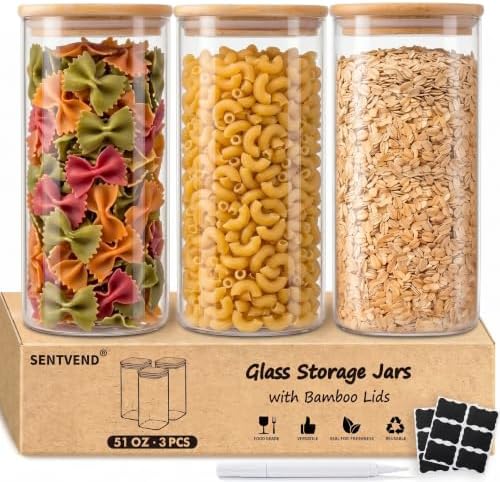 SENTVEND 51 Oz Glass Jars - 3 Pack Food Storage Containers with Lids Square by SENTVEND