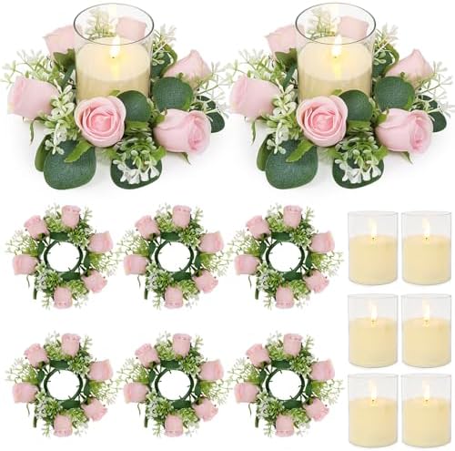 Pink Rose Candle Rings with Flameless Candles Sets - 12PCS Artificial Flower Eucalyptus Wedding Centerpiece 3 Inch Pillar Candleholders Wreaths for Wedding Party Decor (Pink - 6 Sets) by ACMEE