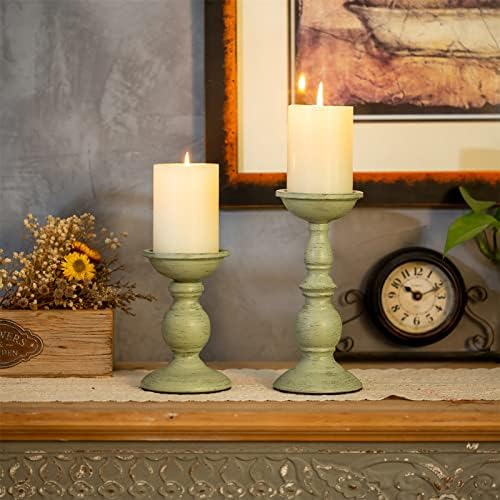 Sziqiqi Pillar Candles Holders for Table Centerpiece, Set of 2, Sage Green - Image 4
