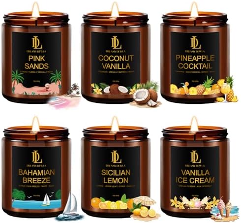 6 Pack Scented Candles Set, 42oz 300 Hour Long Lasting Candle, Soy Candles for Home Scented, Scents of Coconut Vanilla/Pineapple Cocktail/Sicilian Lemon/Pink Sands/Bahama Breeze/Vanilla Ice Cream by DLDREAMYDEWLA