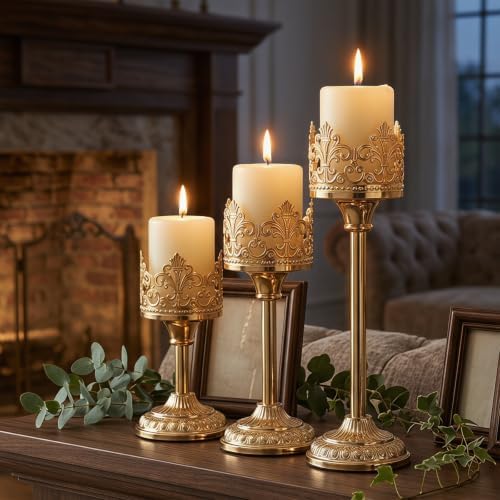 Candle Holder for Pillar Candle Set of 3, Gold Vintage Tall Candleholders for 3 Inch Pillars, Rustic Candle Stand for Fireplace Mantle Shelf Table Home Decor - Image 3