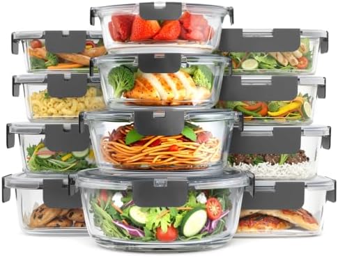 KICHLY 24 Pc Borosilicate Glass Meal Prep Containers with Lid,12 Pack, Grey by KICHLY