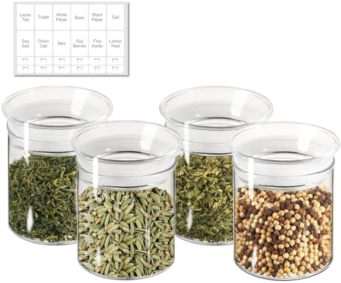 ZENS 10oz Glass Jars with Airtight Lid, 4 Pack Glass Kitchen Canisters Set for Spice, Loose Tea, Small Clear Glass Storage Jars with Labels for Herbs, Sugar by ZENSLIFESTYLE