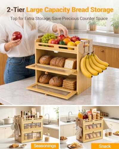 Bread Box for Kitchen Countertop, 2-Tier Bamboo Storage with Top Shelf - Image 2
