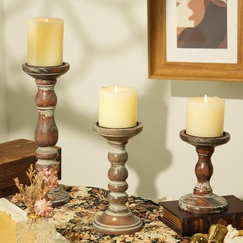 Wood Pillar Candle Holder: Rustic Distressed Brown Candle Stand - Image 3