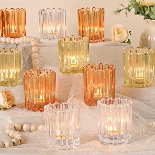 12PCS Votive Candle Holder, Orange Ribbed Votive Tealight Candle Holders by LOVELIGHTLOVELIFE
