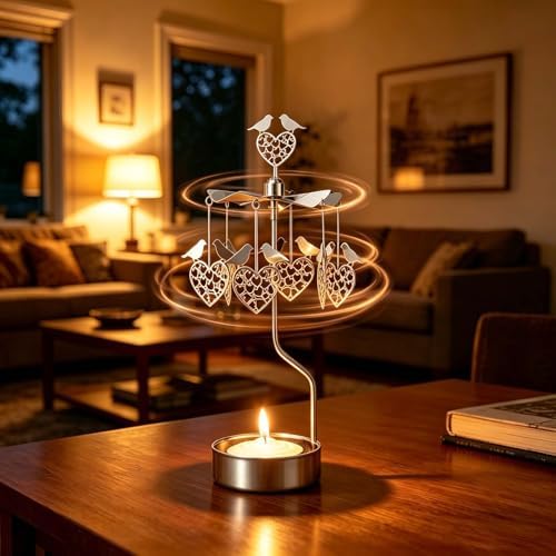 kingnero Rotary Candle Holder Spinning Candleholder Tea Light Candle Powered Carousel Small Gift (Heart&Bird) - Image 5