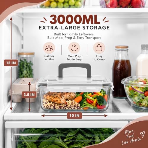 Razab 3000ml/ 102 oz Large Glass Meal Prep Container with Carry Handle Lid - Image 3