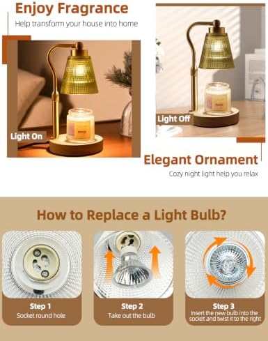 Candle Warmer Lamp for Jar Candles, Height Adjustable & Dimmable with 2/4/8H Timer, 2 * 50W Halogen Wax Melter Warmer for Home Office Décor, Flameless & Smokeless, Gift for Women Mom,Gold-Green - Image 7