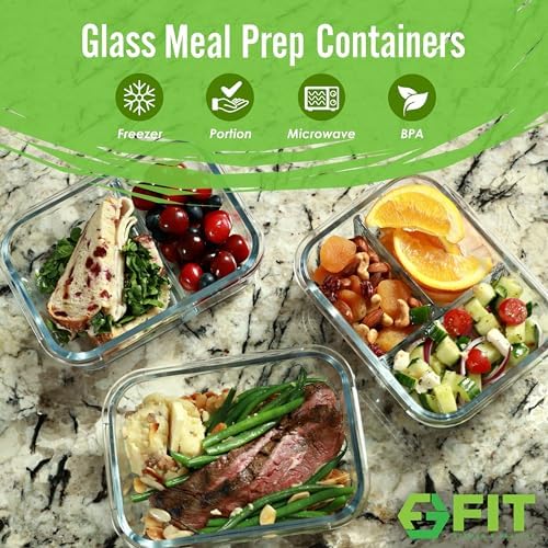 Glass Meal Prep Containers 1 & 2 & 3 Compartments, Airtight, 35 oz, 3 Pack - Image 2