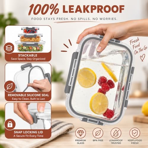 Razab 3 Pack Borosilicate Glass Meal Prep Containers with Airtight Lids - Image 3