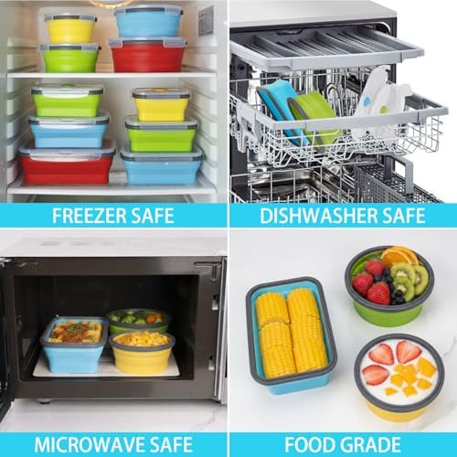 Collapsible Food Storage Containers with Lid & Air Vent, 8 Pack, 4 Rectangular + 4 Round, Annaklin Foldable Silicone Lunch Containers Collapsible Bowls Set, Microwave Freezer Dishwasher Safe, 4 Colors - Image 4