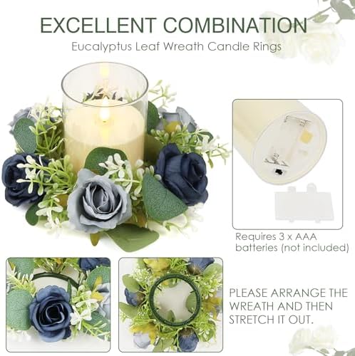 Blue Rose Candle Rings with Flameless Candles Sets - 12PCS Artificial Flower Eucalyptus Wedding Centerpiece 3 Inch Pillar Candleholders Wreaths for Wedding Party Decor (Dusty Blue &Silver Rose) - Image 3