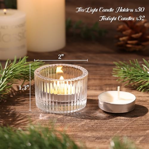 NITIME 30Pcs Clear Tealight Candle Holder with 32pcs Tea Light Candles, Ribbed Votive Candle Holders Glass for Table Centerpiece, Wedding Decor, Home and Holiday Decor - Image 3