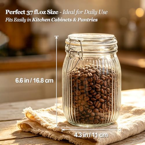 ComSaf Ribbed Glass Pantry Jars with Airtight Lids 34 oz 3 Pack Coffee - Image 3