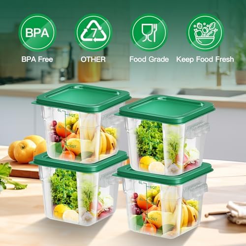 4 pcs 6qt Food Storage Containers with Lid, Square Clear Commercial Storage Containers with Handle and Scale for Food Storage in Home Kitchen & Dining (Green) - Image 2