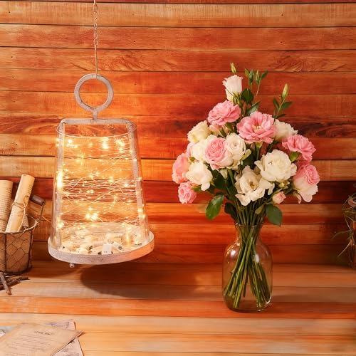 9" Wide Modern Farmhouse Metal Hurricane Candle Holder with Handmade Sturdy Glass Sleeve in Vintage White for Pillar Candle & Plants, Glass Hurricane Lantern, Industrial, Minimalistic - Image 4