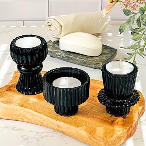 Kate Aspen Vintage Ribbed Glass Black Candlestick Holders, Pillar Candle, Tealight & Votive Candle Holders (Set of 6, 3 Assorted Sizes), Dining Table Decor, Shelf Decor, Centerpiece - Image 3