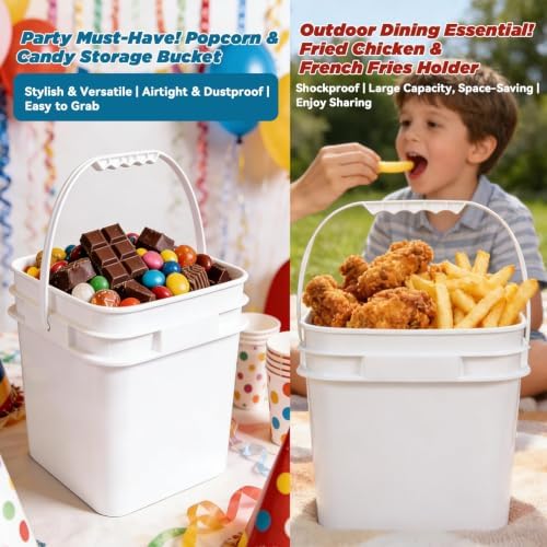 Square Clear Plastic Bucket Set - 4 Packs Airtight Storage Containers with Pressure Lids & Handle, Food Grade for Home & Outdoor (White, 1.3 gal) - Image 2