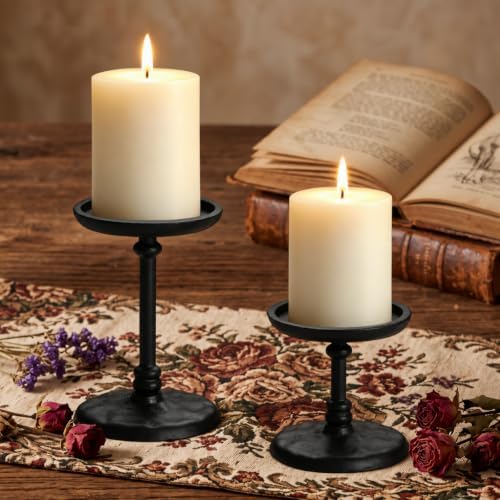 PERFNIQUE Cast Iron Pillar Candle Holders Set of 2, Black Candle Tray Stand - Image 7
