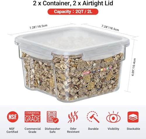 2 Pack 2 QT Commercial Airtight Food Storage Containers, Clear Polycarbonate Kitchen Ingredient Storage Containers, Stackable Food Prep Containers for Spices, Seasonings, Nuts, Tall Model - Image 2