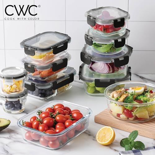 COOK WITH COLOR Premium 32-Pc. Borosilicate Glass Food Container Set with Dividers - 4 Rectangles, 8 Rounds, 4 Squares - Leakproof Lids - Meal Prep, Storage, Ombre Black - Image 2