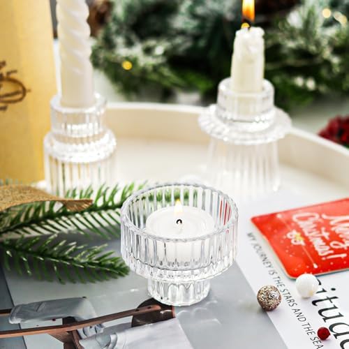 Clear Candlestick Holders 12PCS Ribbed Glass Taper Candle Holders for Tealight Stick Candles Table Centerpieces Thanksgiving Christmas Indoor and Outdoor Decorations - Image 6
