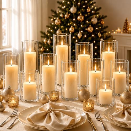 24 PCS Ivory White Pillar Candles and Glass Cylinder Vases Hurricane Glass Candle Holders for Pillar Candles Wedding Centerpieces, Party, Event, Home Office Decor(12 Candles+12 Candle Hoders) by PNJHDZ