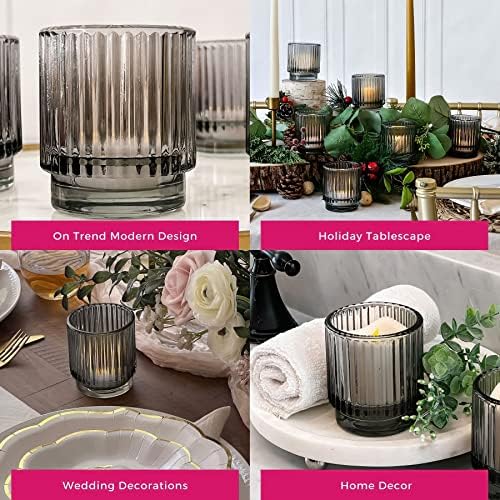 Kate Aspen Ribbed Glass Candle Holder Set - 6 Smoke Gray Tealight Holders for Home, Kitchen, Room or Living Room Decor - Vintage Tea Light Votive Accent for Table or Shelf Styling (Pack of 6) - Image 5