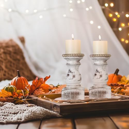 Candle Holder for Pillar Candle Set of 2, Farmhouse Wood Candle Holder, Rustic Wooden Candle Stand, Vintage Wooden Candlestick Holders Decorative for Living Room, Table Centerpiece, Washe White - Image 5