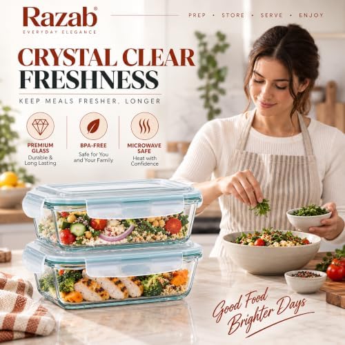 Razab 6.5 Cups / 52 Oz 4 Piece (2 Containers + 2 Lids) Glass Food Storage Containers Set with Airtight Locking Lids - For Storing, Baking & Serving BPA Free, Leakproof - Microwave, Freezer & Oven Safe - Image 3