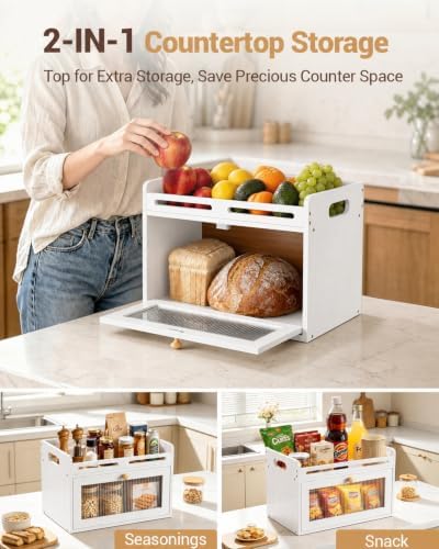 Bread Box for Kitchen Countertop, Bamboo Storage with Top Shelf, White - Image 2