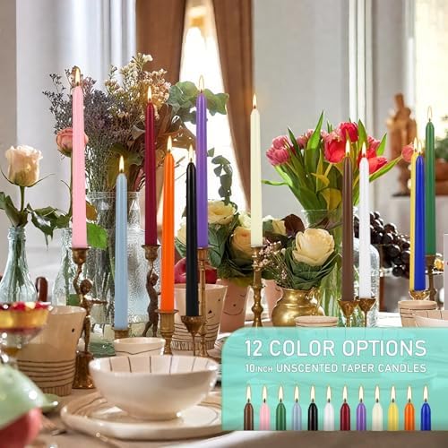YOROXRG 24 Colored Taper Candles, 7-8 Hours Burn Time, Unscented, Smokeless and Dripless, 0.75 x 10 Inch Dinner Candle Set for Household, Wedding, Party and Home Décor Candlesticks - Image 3