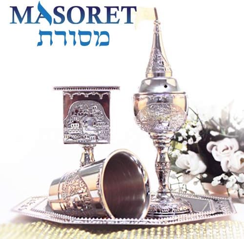 Nickel Havdalah Set with Jerusalem Theme – Set 4 Parts, Kiddush Cup, Havdalah Candle Holder, Besamim Spices Holder and Plate - Image 3