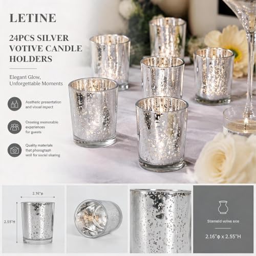LETINE 24pcs Silver Votive Candle Holders – Glass Tea Light Candles Holder, Standard Votive Size for Regular Votive Candles – Bulk Candle Holder for Party Decoration, Bridal Shower, Holiday - Image 2
