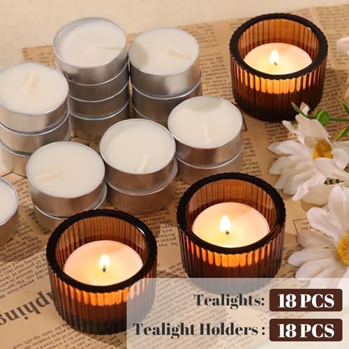 18 Pack Amber Tealight Candle Holders with Candles, Glass Votive Holders - Image 3